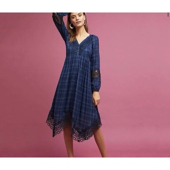 AKEMI + KIN ANTHROPOLOGIE Codie Kerchief DRESS Crochet Trim Blue Plaid Size - Picture 1 of 16